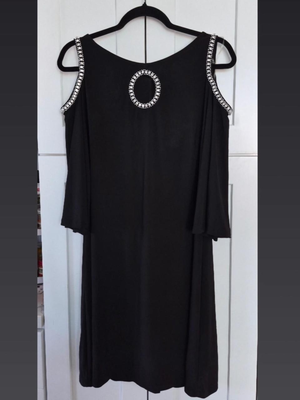 J.B.S. Black Cold-Shoulder Midi Dress with Crystal Trim